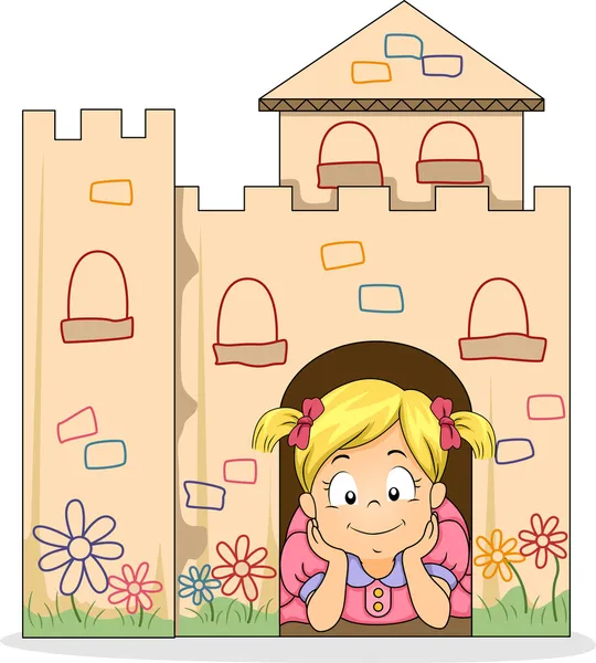 Little Kid Girl in a Cardboard Castle — Stock Photo, Image