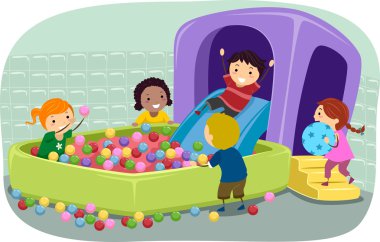 Stickman Kids Playing in an Inflatable Ball Pit