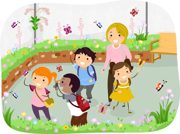 Школа діти stickman поїздку в сад метеликів — стокове фото