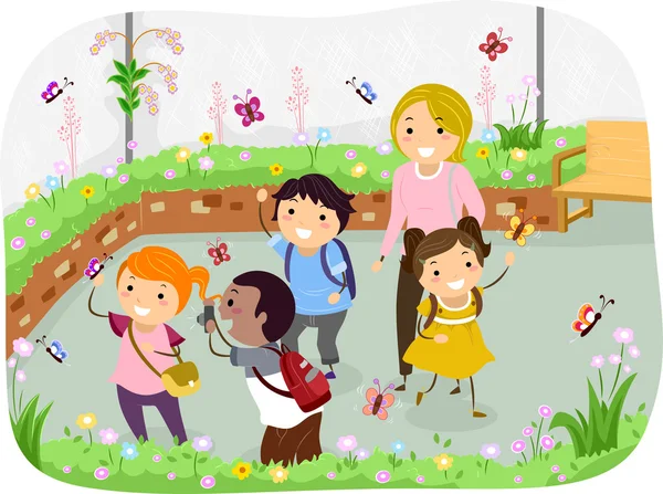 Stickman Kids voyage scolaire au jardin des papillons — Photo