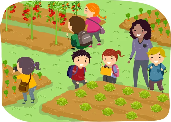 Stickman kinderen school reis naar moestuin — Stockfoto