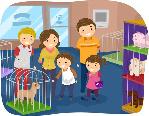 Stickman Family Buying a Dog From a Pet Store — Stock Photo, Image