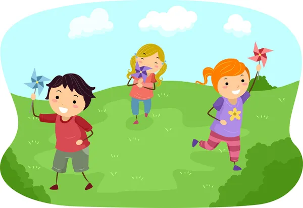 Stickman Kids Playing with Pinwheels in a Field — Stock Photo, Image