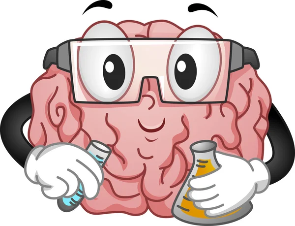 Mascotte de cerveau faisant des expériences de chimie — Photo