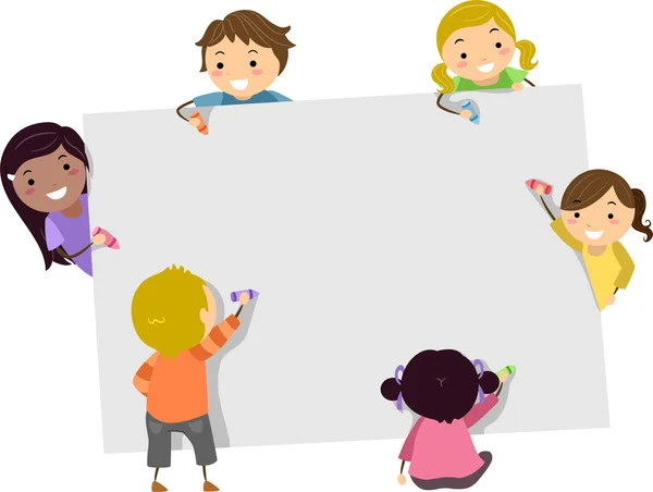 Stickman kinderen met kleurpotloden en lege karton — Stockfoto