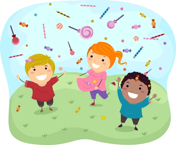 Stickman Kids Catching Sweet Candies and Lollipops — Stock Photo, Image