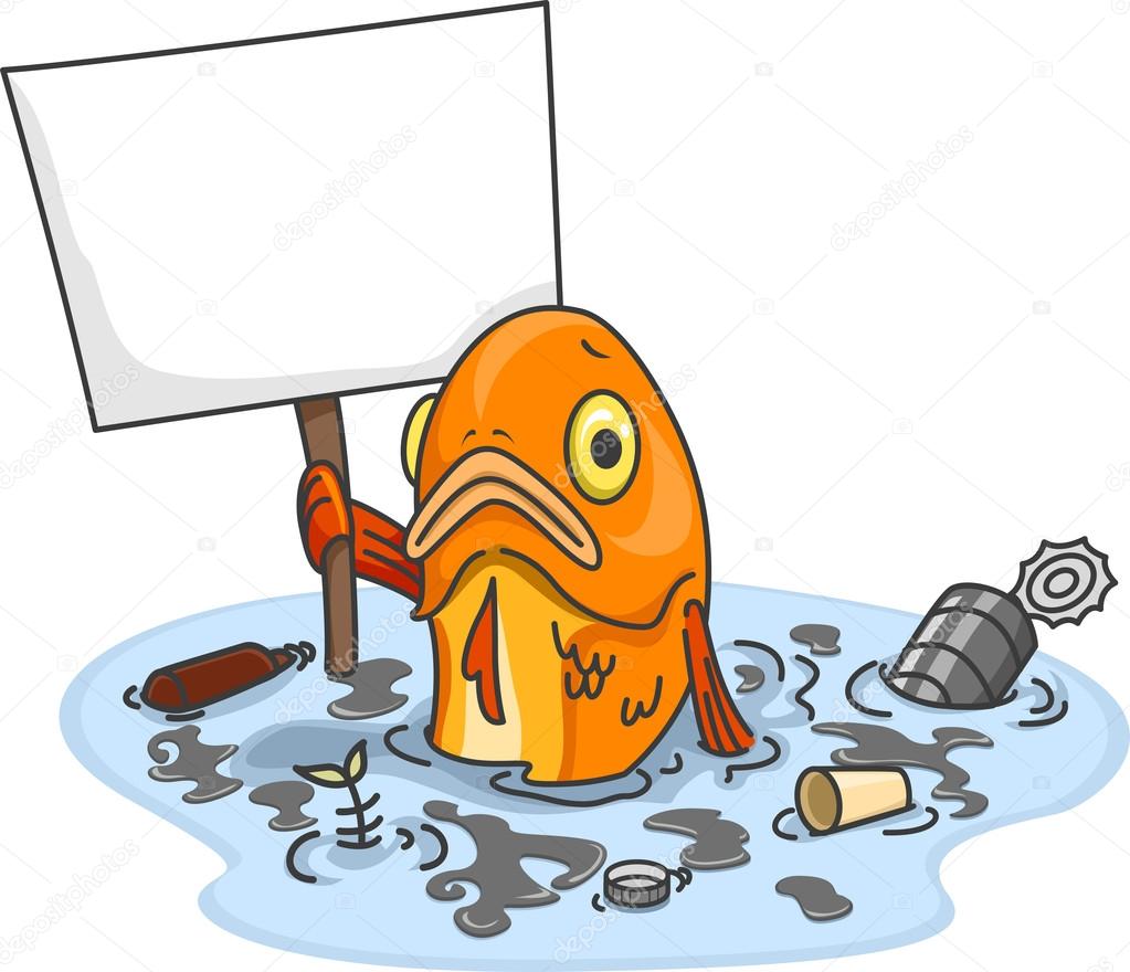 Sad Fish in Polluted Water With Blank Board