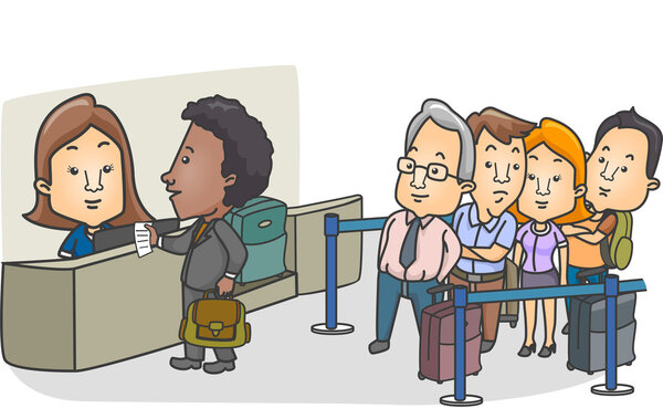 Пассажир с сумкой у стойки регистрации
