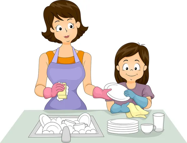 Mamma e figlia lavare i piatti — Foto Stock