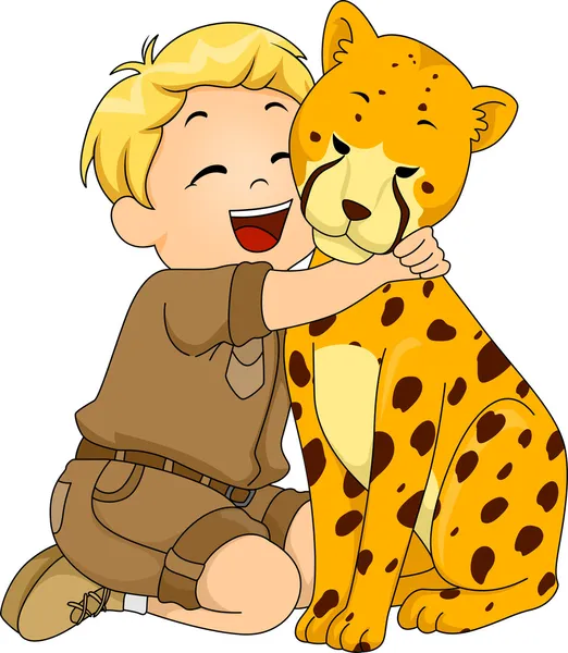 Boy in a Safari Outfit Hugging a Cheetah — Stock Photo, Image