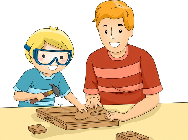 Otec a syn lepení průběhu zpracování dřeva — Stockfoto
