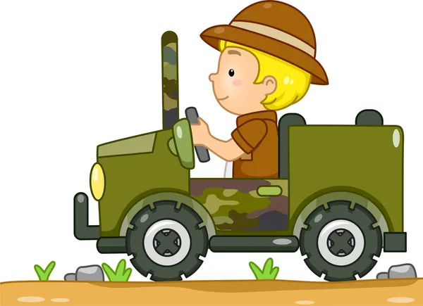 Jongen rijden een jeep camouflage — Stockfoto