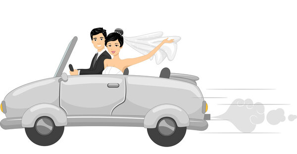 Newlyweds in a Bridal Car