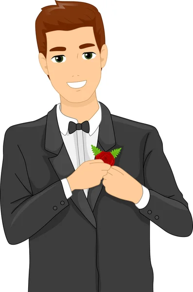 Groom Putting a Corsage on His Suit — Stock Photo, Image