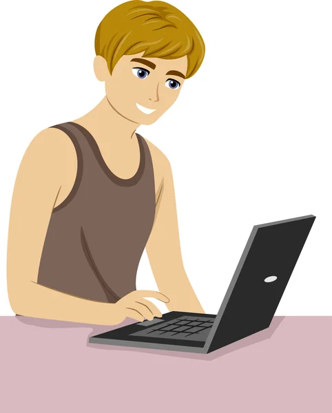 Teenager tippt auf seinem Laptop weg — Stockfoto