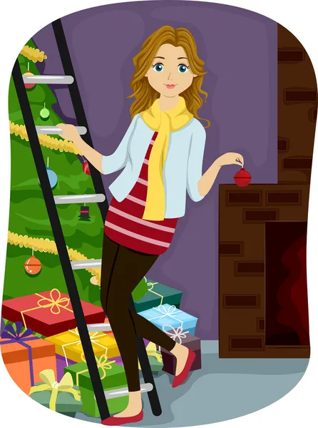 Girl Decorating a Christmas Tree — Stock Photo, Image