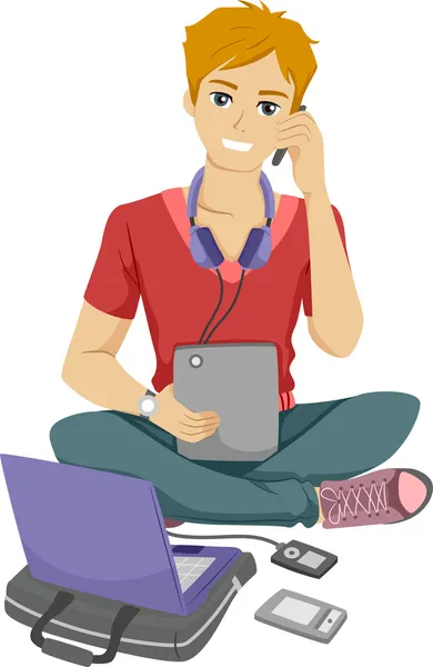 Teenager Surrounded by Different Electronic Gadgets Royalty Free Stock Photos