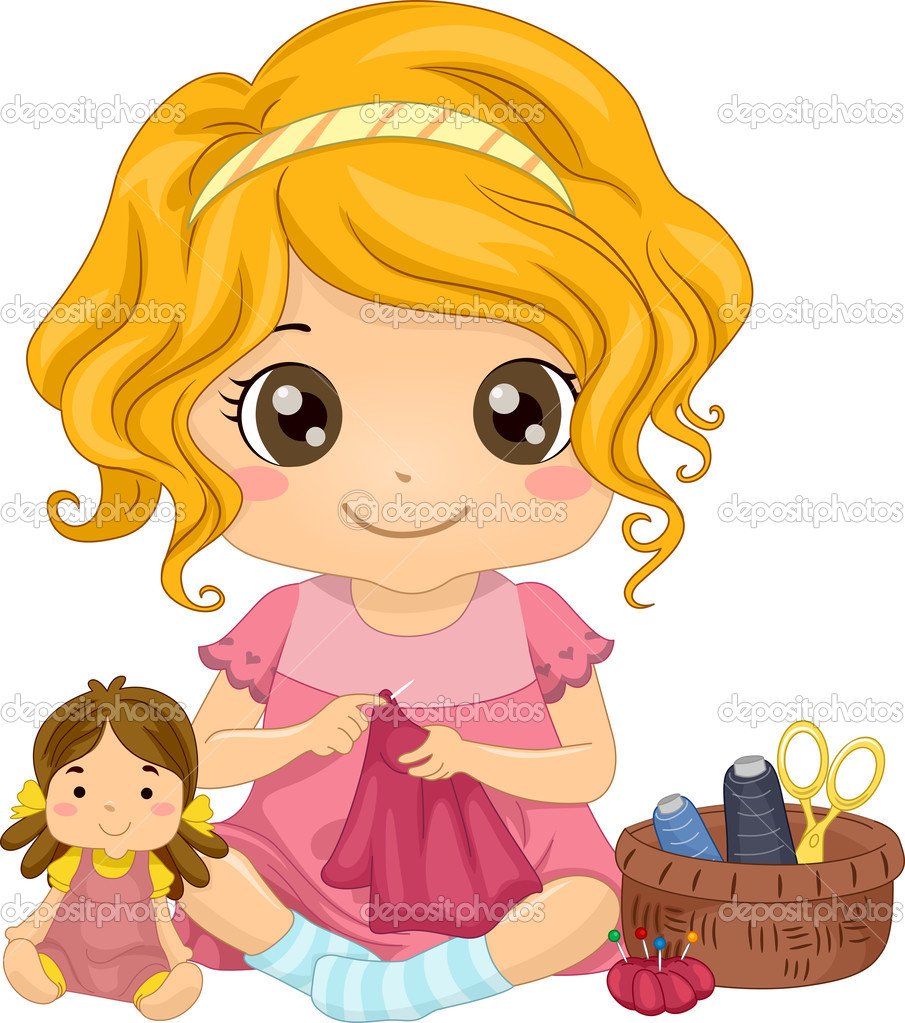Girl Sewing a Dress for Her Doll