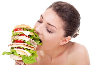 young woman biting a big sandwich clipart