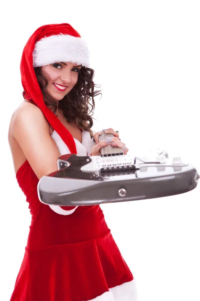 Santa woman handing you electric guitar — Stock Photo, Image