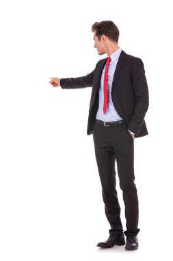 business man pointing at his back clipart