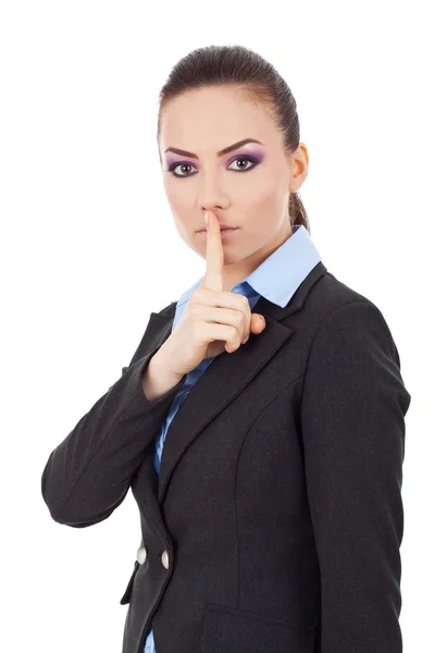Mulher de negócios calar a boca sinal — Fotografia de Stock