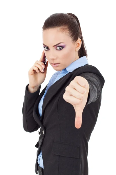 Young woman on phone thumbs down — Stock Photo, Image