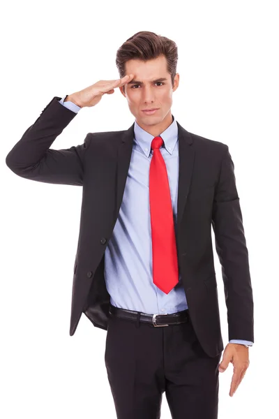 Üzletember biztosít salute katonai — Stock Fotó