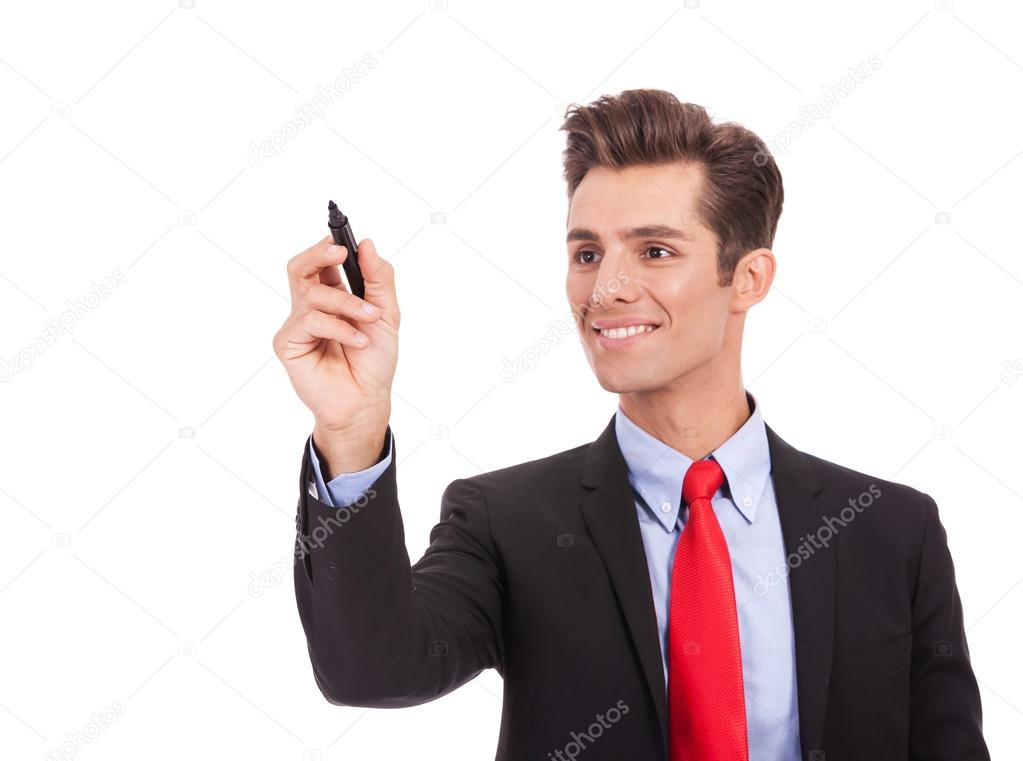 business man writing something with marker