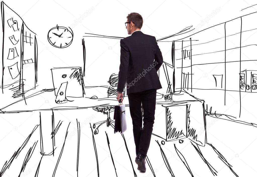 walking businessman on an office like sketched background