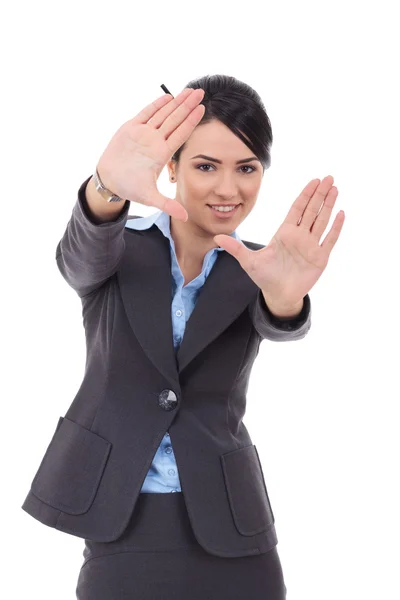 Деловая женщина показывает обрамлённый жест рукой — стоковое фото