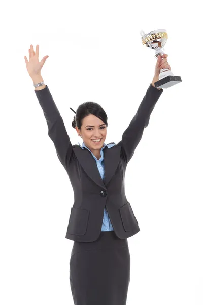 Mulher de negócios mostrando seu grande troféu — Fotografia de Stock