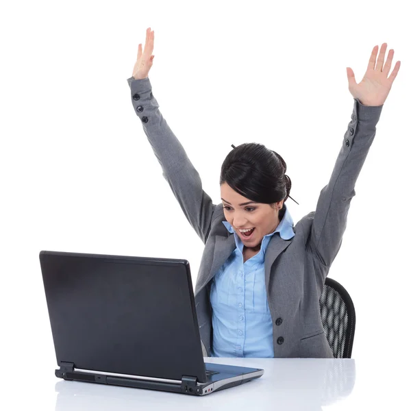 Young woman in office jubilates and wins — Stock Photo, Image