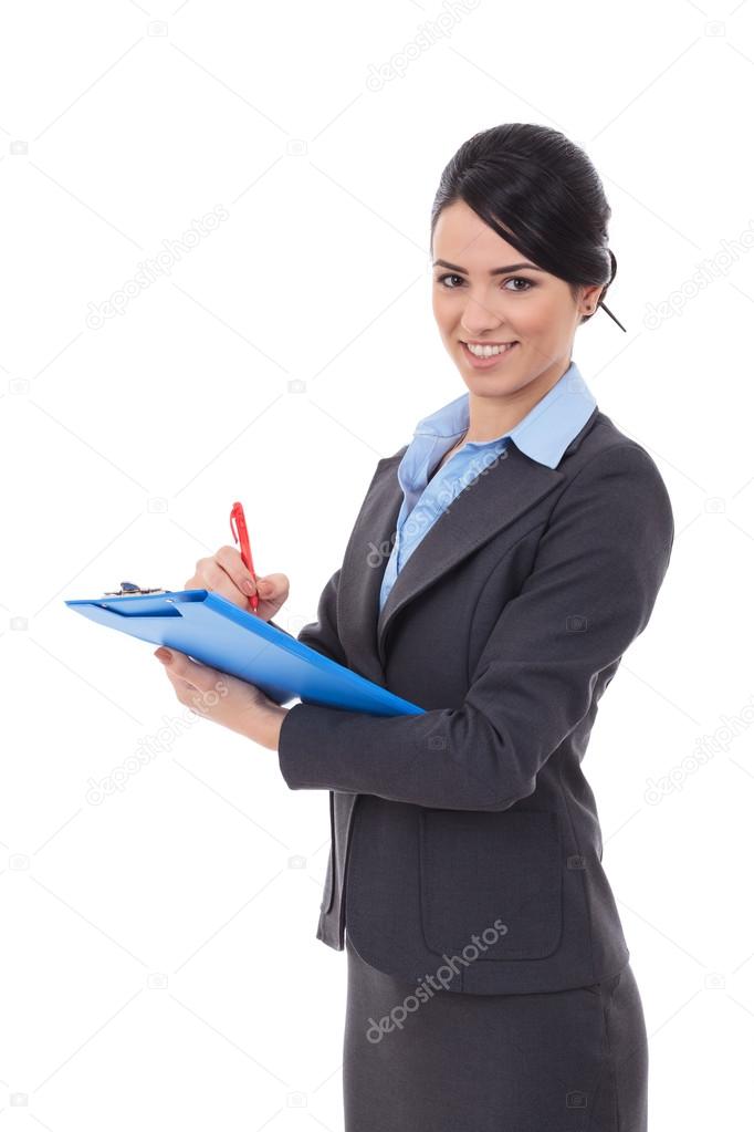 businesswoman writing on clipboard