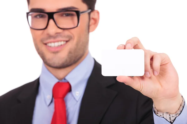 Man holding blank business card — Stock Photo, Image