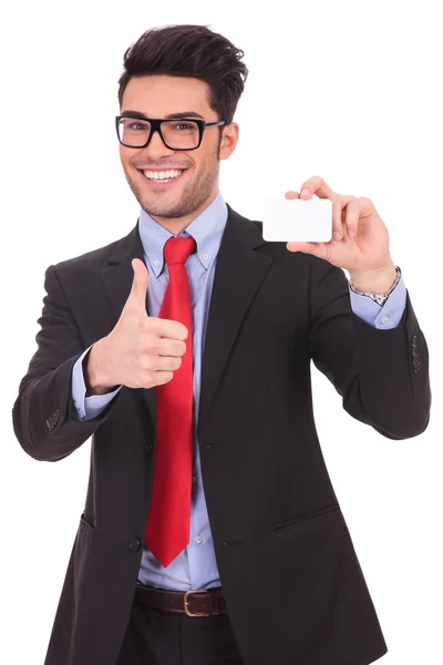 Presenting blank card & thumbs up — Stock Photo, Image