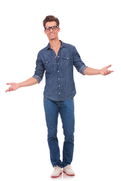 man welcomes you open handed
