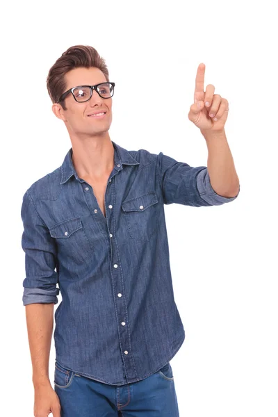 Man pushing an imaginary button — Stock Photo, Image