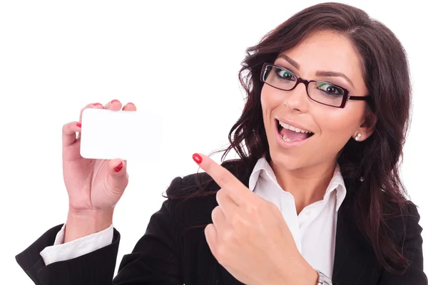 Business woman presents card — Stock Photo, Image