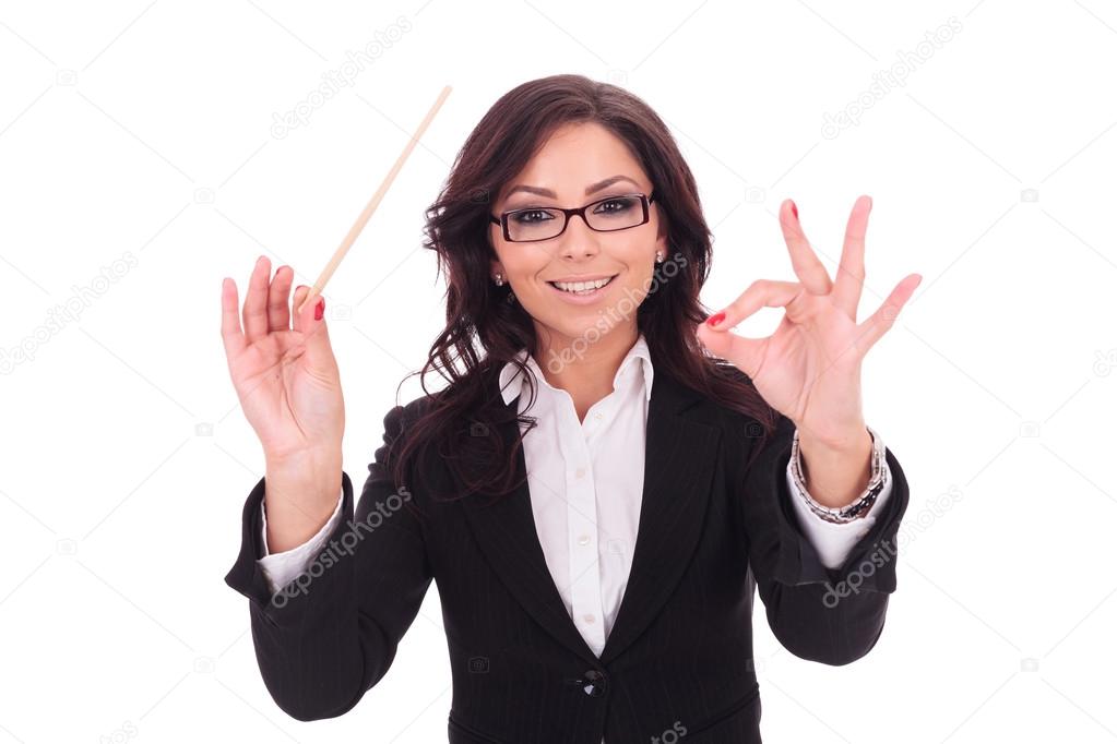 business woman conducts smilingly
