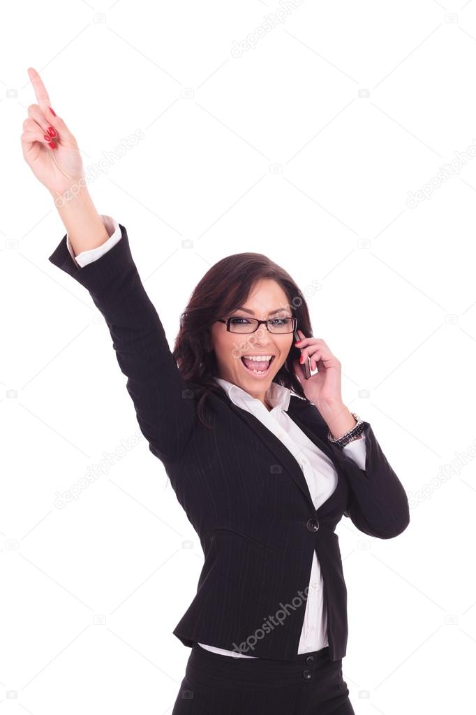 business woman cheers on the phone