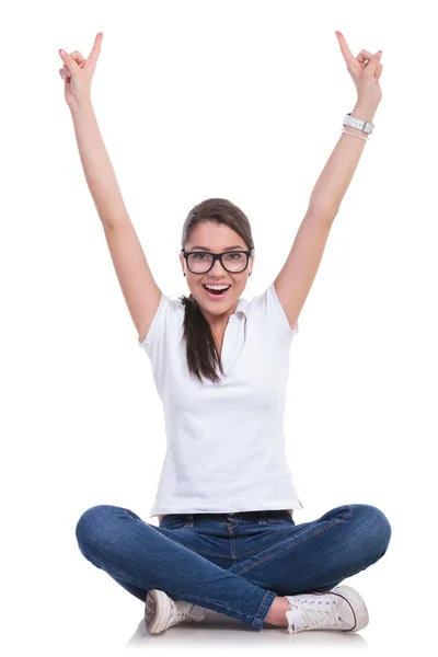 Casual woman sits & cheers up — Stock Photo, Image