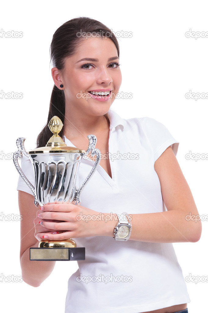 casual woman with trophy