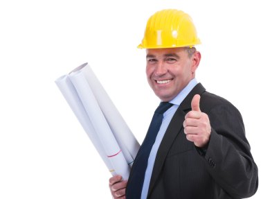 eski mühendisi ve Taslaklar tutan thumbs up