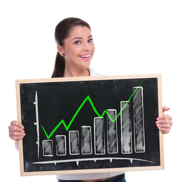 Casual woman presents growing graph — Stock Photo, Image