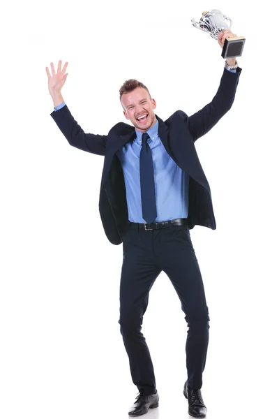 Hombre de negocios vítores con trofeo — Foto de Stock