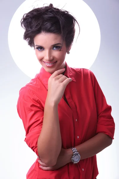 Young woman smiles with aura around head — Stock Photo, Image