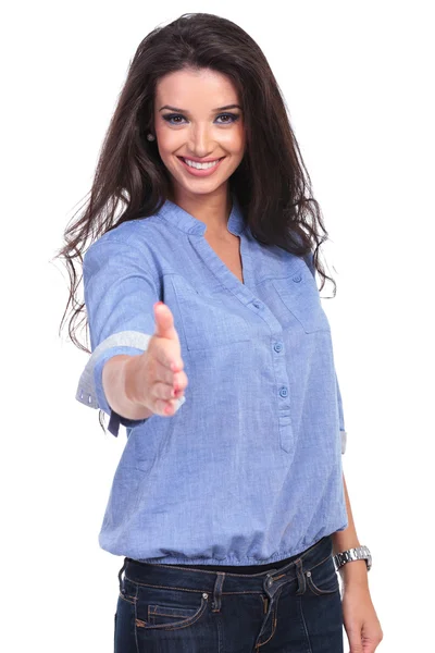 Casual woman offers a handshake — Stock Photo, Image