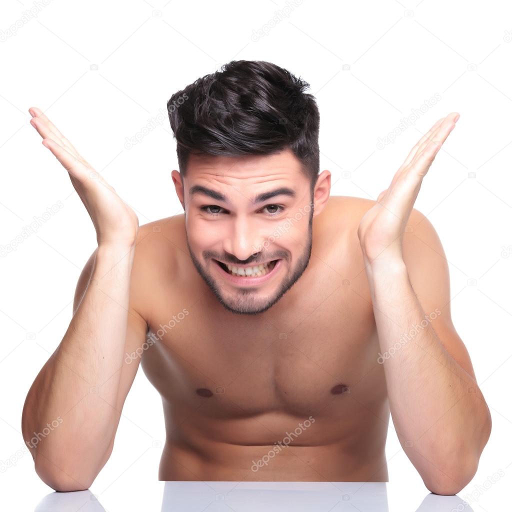 man with no clothes on screaming of joy