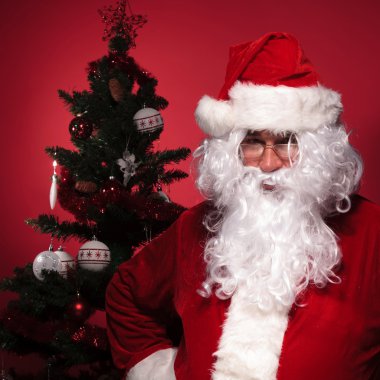 Noel Baba Noel ağacı önünde duruyor